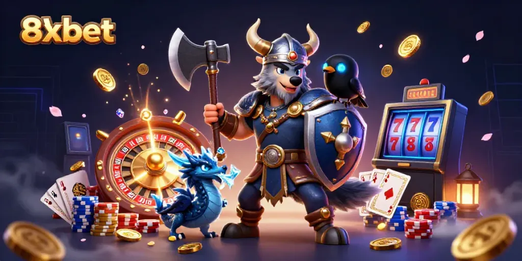 Engage in thrilling gameplay with 8xbet, featuring heroic cartoon characters and dynamic casino elements.