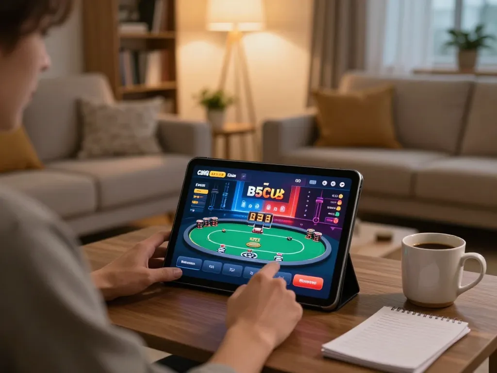 Cổng game B52Club user enjoying online poker gameplay in a cozy home environment