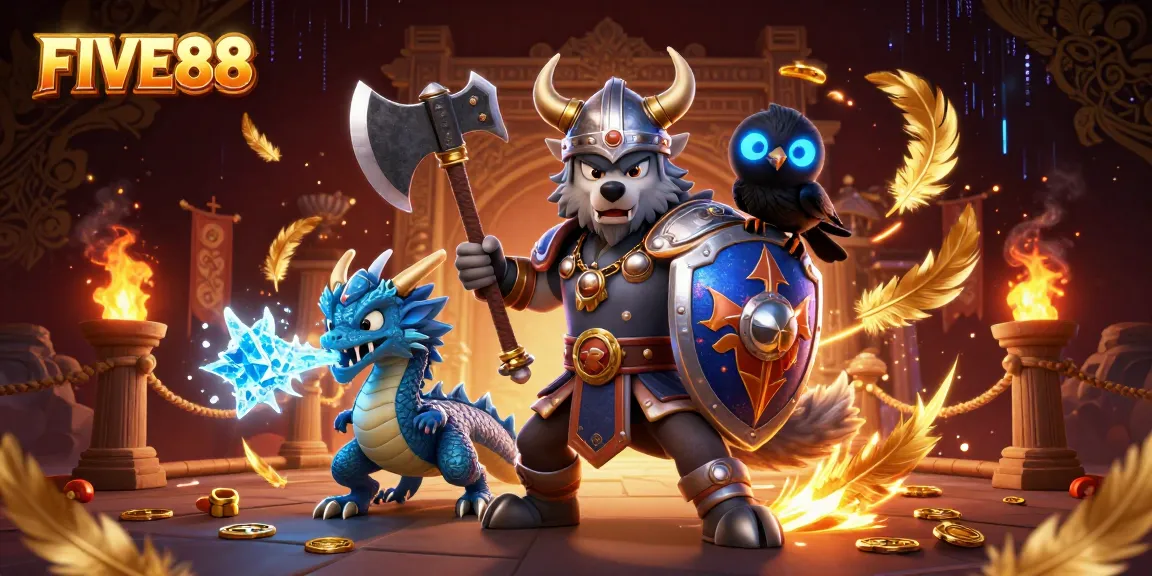 Engage with FIVE88's thrilling gaming experience in this vibrant, detailed 3D illustration of a Viking warrior, dragon, and raven.