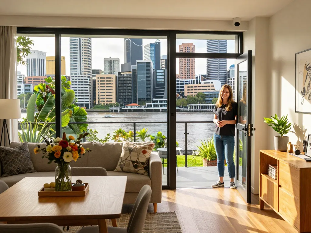 airbnb management brisbane welcoming host in modern apartment setting with Brisbane skyline