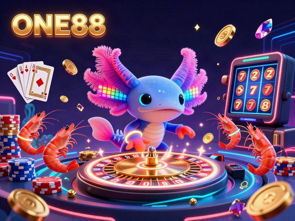 Catch thrilling action at ONE88 with our vibrant casino scene featuring an axolotl DJ and dynamic gambling elements.