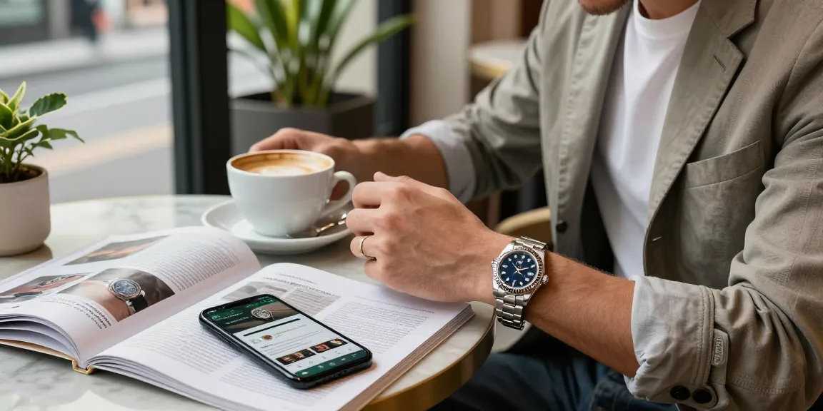 Person admiring a rolex replica watch in a stylish café setting, showcasing elegance and luxury.
