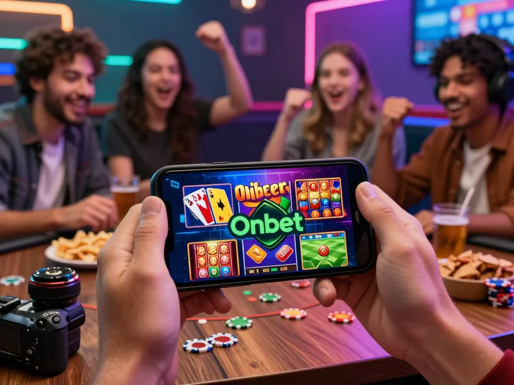 Excited players enjoying games on Onbet platform, celebrating wins together.