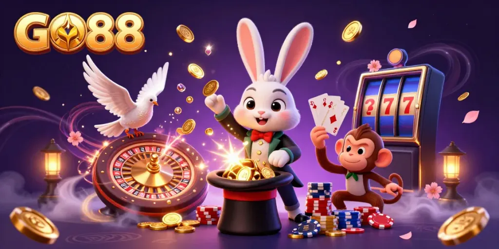 Experience the magic of GO88 with a captivating scene featuring a magician rabbit and casino elements.