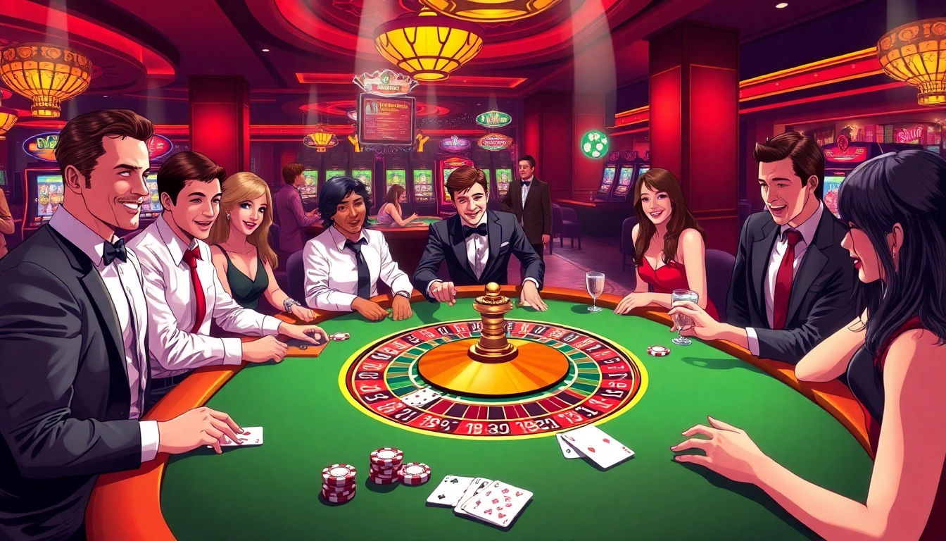Excited players strategizing their bets at a luxurious casino table, highlighting kuwin02 gaming opportunities.
