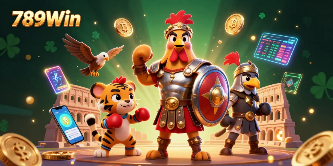 Engage with 789Win’s vibrant 3D casino scene showcasing a rooster gladiator and tiger cub in a lively arena.