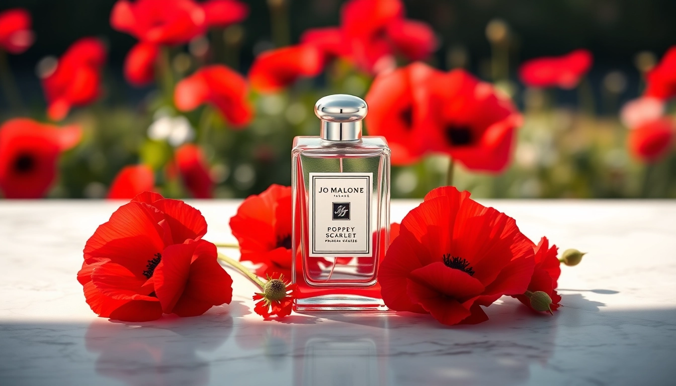 Showcasing Jo malone Poppy scarlet fragrance bottle surrounded by lush red poppy flowers.