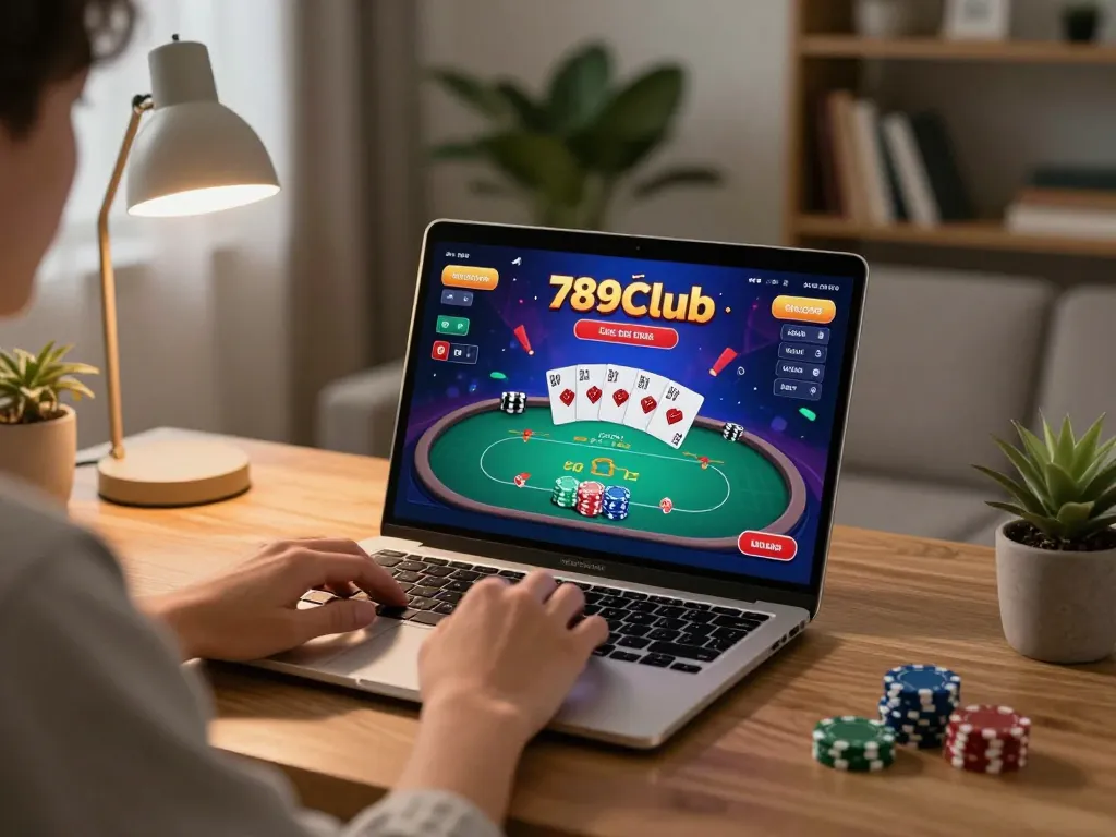Cổng game 789Club - Engaging in poker gameplay on a laptop at home.