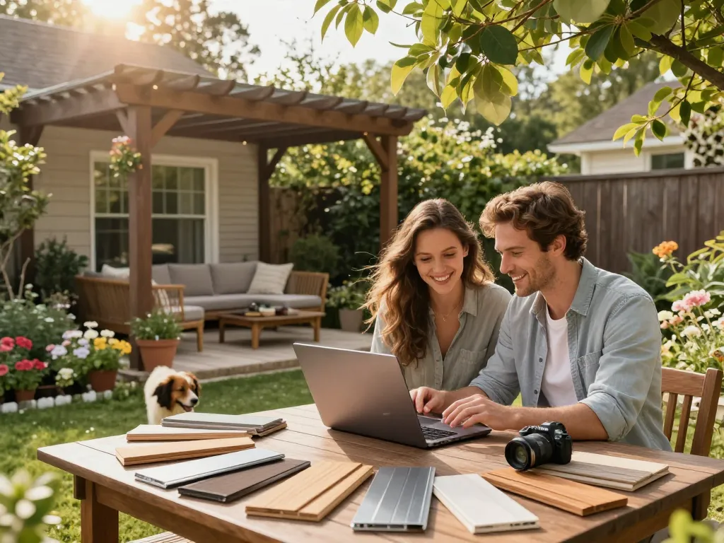 Couple using a pergola configurator on a laptop in their beautiful garden