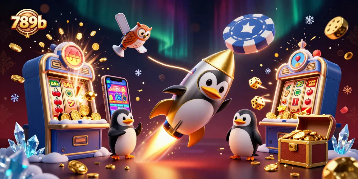 789b trải nghiệm casino với chim cánh cụt vàng bay giữa vũ trụ và máy đánh bạc.