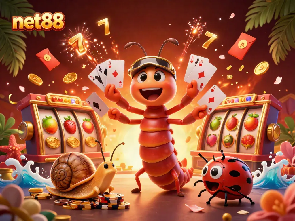 Experience the excitement of net88 as a cartoon millipede dealer showcases colorful slot reels and winning cards.