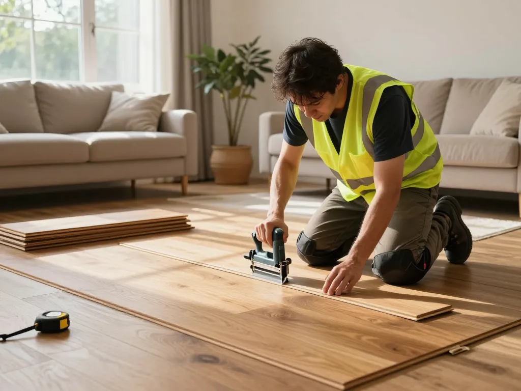 Flooring specialists near me installing hardwood in a cozy living room, showcasing craftsmanship and expertise.
