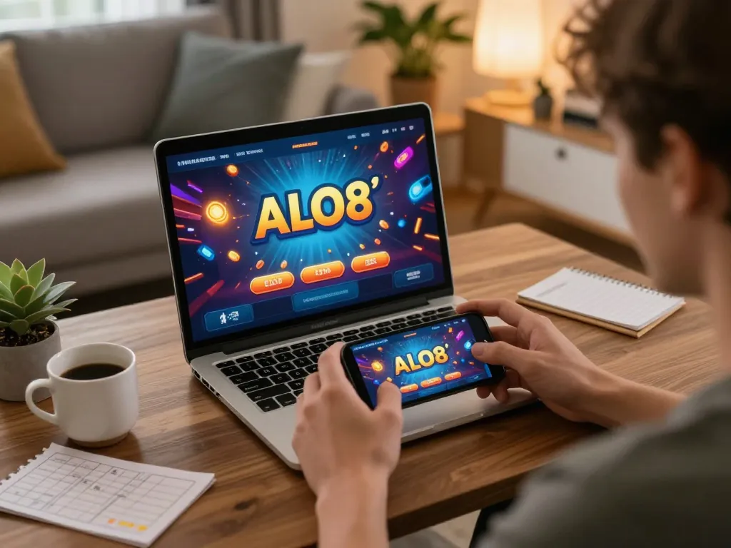 Person playing ALO8 on smartphone while enjoying a cozy home atmosphere and strategic betting notes.