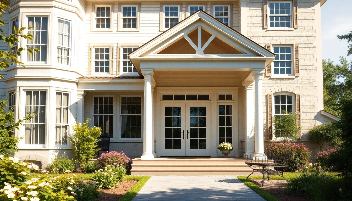 Elegant colonial home addition with detailed facade and lush garden, showcasing traditional charm.