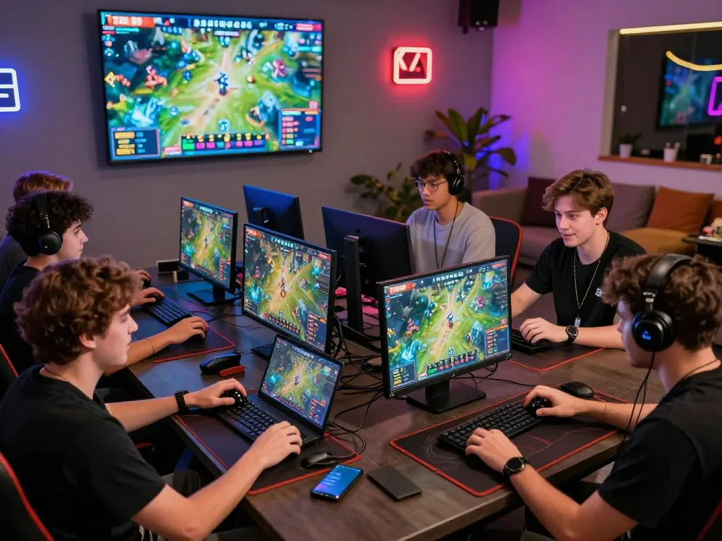 Vibrant TG88 online gaming community scene, players engaged in thrilling gameplay with interactive devices.