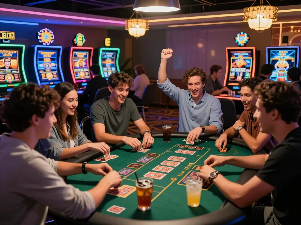 Friends enjoying a lively gaming experience at EE88 casino, showcasing excitement and vibrant atmosphere.