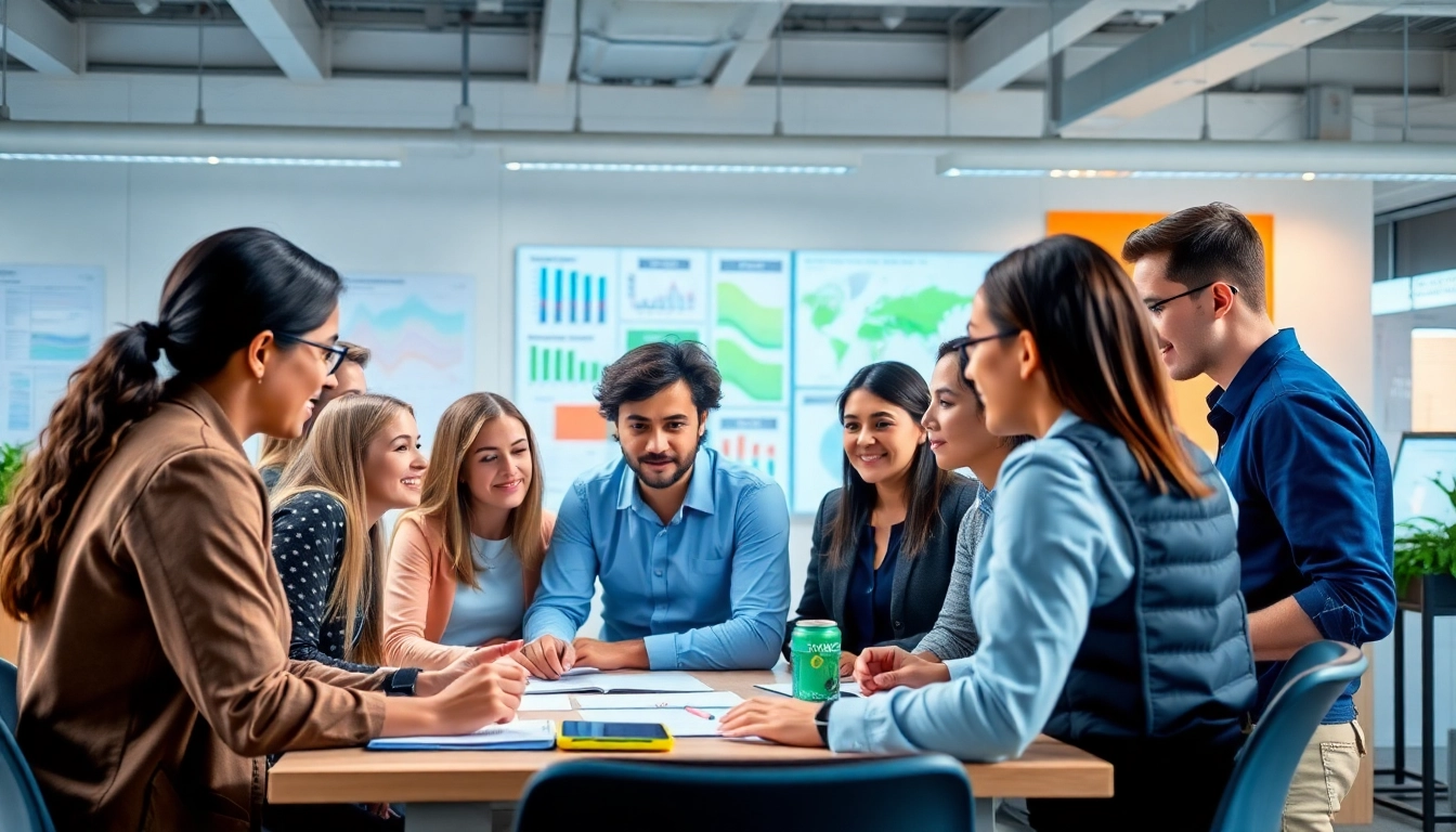 Showcase professionals collaborating in a vibrant workspace toward their Ideal career.