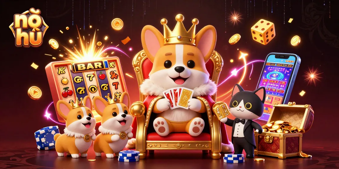 Experience nổ hũ with vibrant 3D scene showcasing a royal corgi and a treasure-filled slot machine.