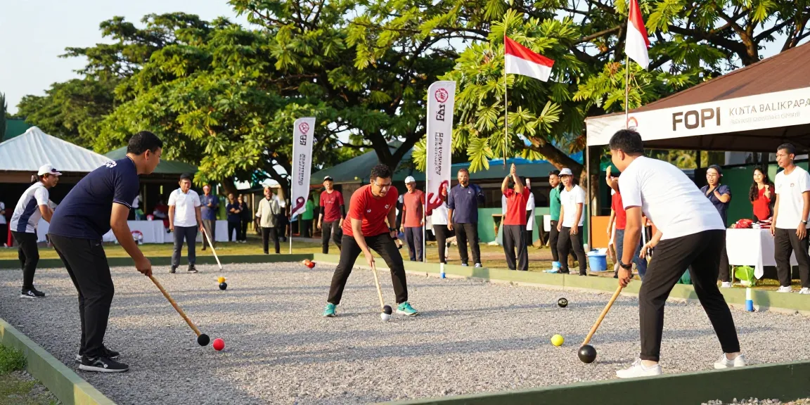 Players enjoying friendly competition in petanque at fopikotabalikpap.org's outdoor event with vibrant atmosphere.