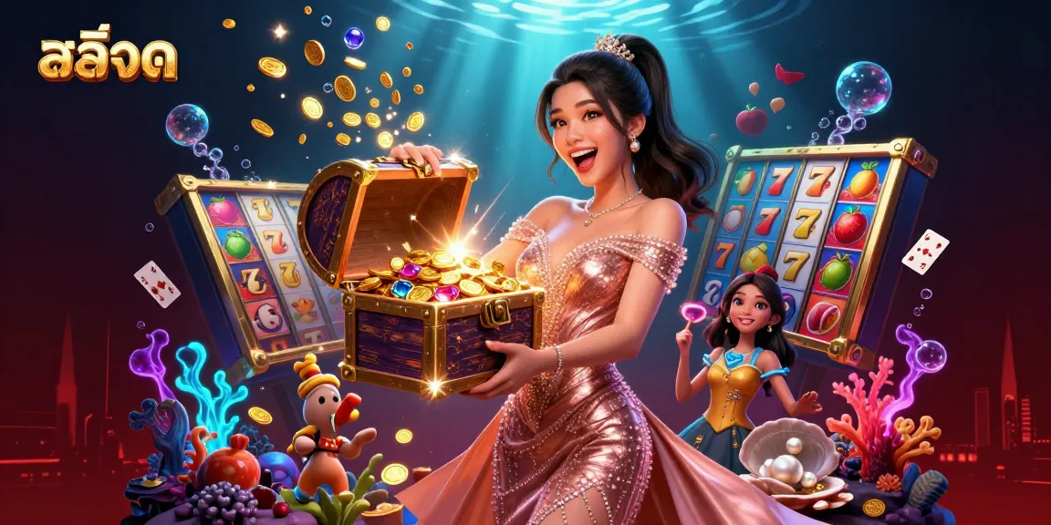 Experience the excitement of สล็อต with a treasure chest of gems and coins in this vibrant casino scene.