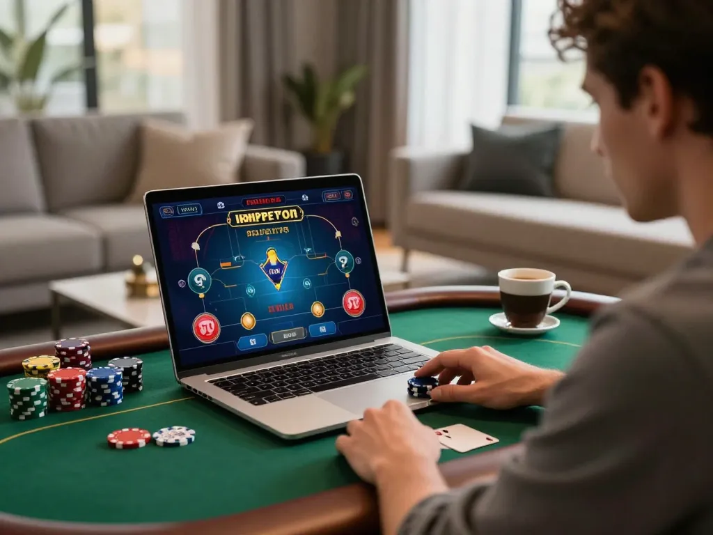 GG88 player enjoying an online poker game at home, showcasing strategic betting and relaxation.