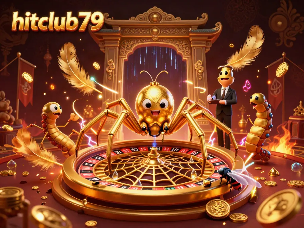 Experience thrilling gameplay at hitclub79 with a vibrant roulette wheel spun by a cartoon spider.