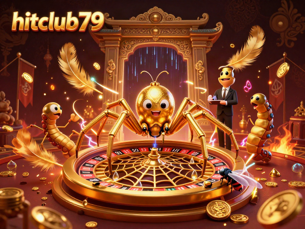 Experience thrilling gameplay at hitclub79 with a vibrant roulette wheel spun by a cartoon spider.