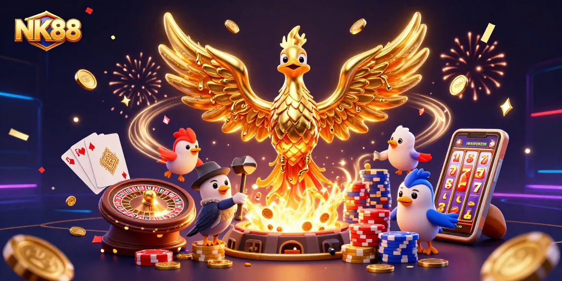 NK88 gaming scene featuring a golden phoenix, dynamic slots, and festive casino elements.