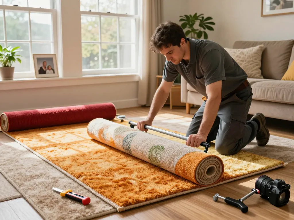 Home carpet fitting services in progress with professional installer in a cozy living room.