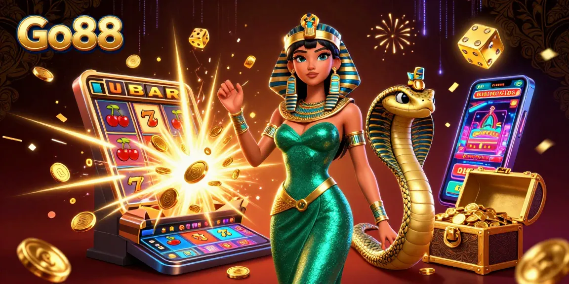 Experience thrilling wins at Go88 with a dynamic 3D casino scene featuring characters and exciting game elements.