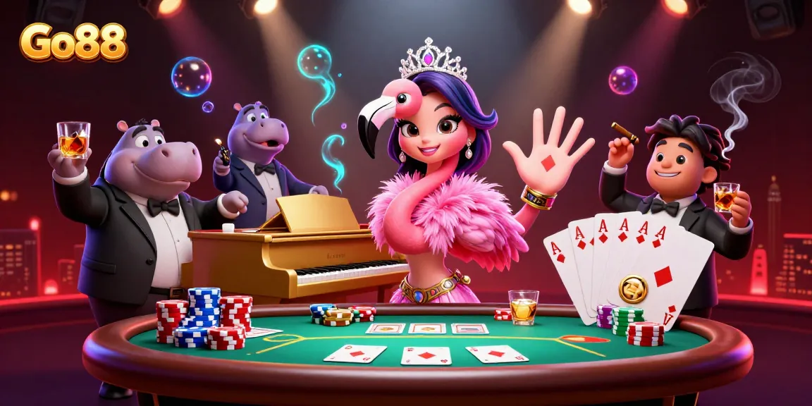 Engage in thrilling gameplay at Go88 with vibrant characters celebrating at a casino set.