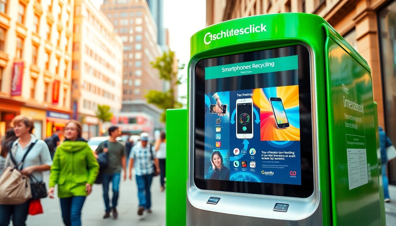 Engaging EcoATM Alternative smartphone recycling kiosk in a busy urban setting.
