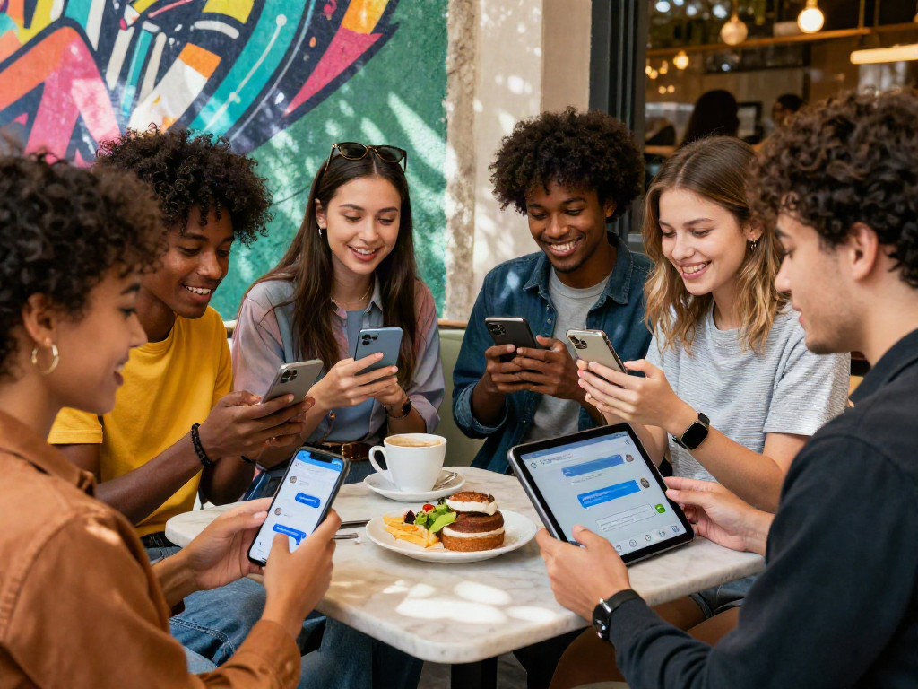 Group enjoying Spicychat on devices in vibrant urban setting, showcasing modern social interaction.