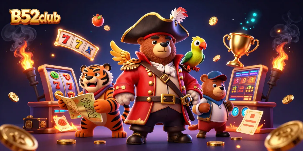 B52club showcases an exciting pirate-themed casino experience with playful characters amidst vibrant slot machines.