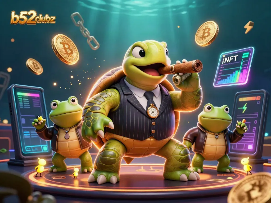 Engage in gaming excitement at b52clubz with the snapping turtle mobster and crypto-themed casino scene.