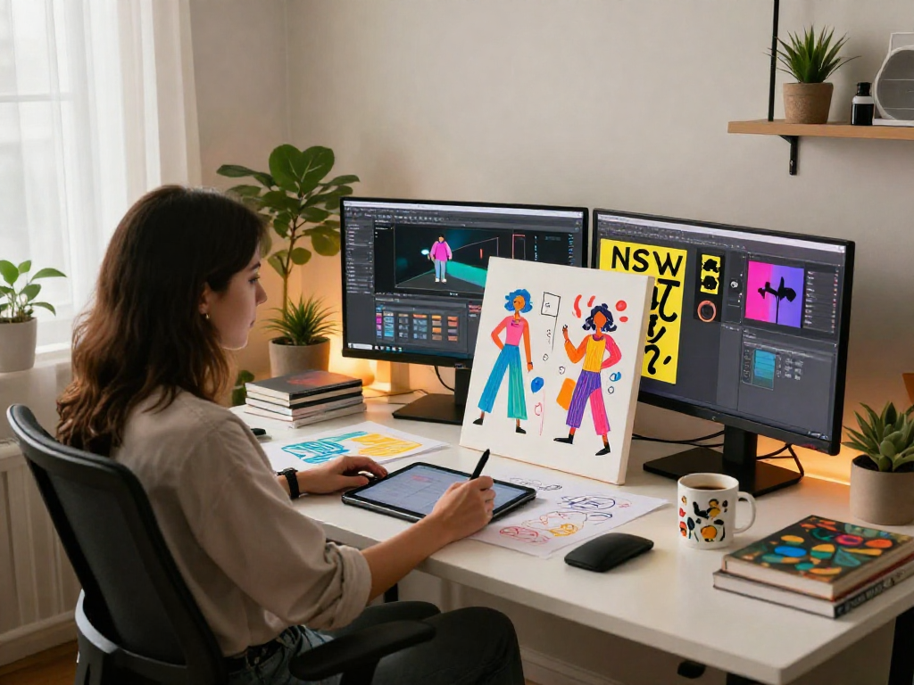 Graphic designer creating bold NSFW art in a stylish home office