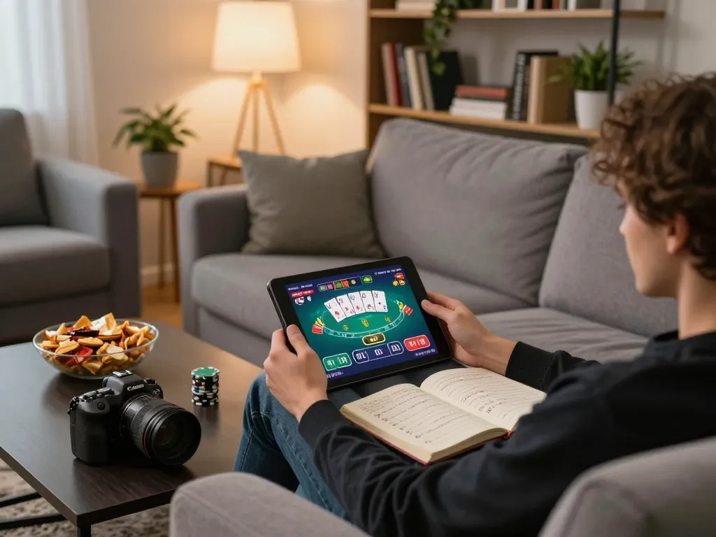 Engaged user playing casino games on a tablet at home, showcasing BL555 gaming strategies and cozy atmosphere.