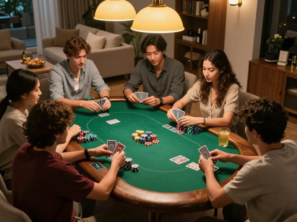 Friends enjoy a competitive poker night at home, engaging with C168 poker strategy and chips.