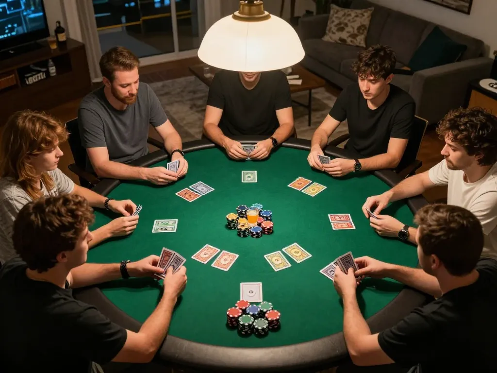 Topzo gamers enjoying an exciting poker night with friends and snacks in a cozy setting