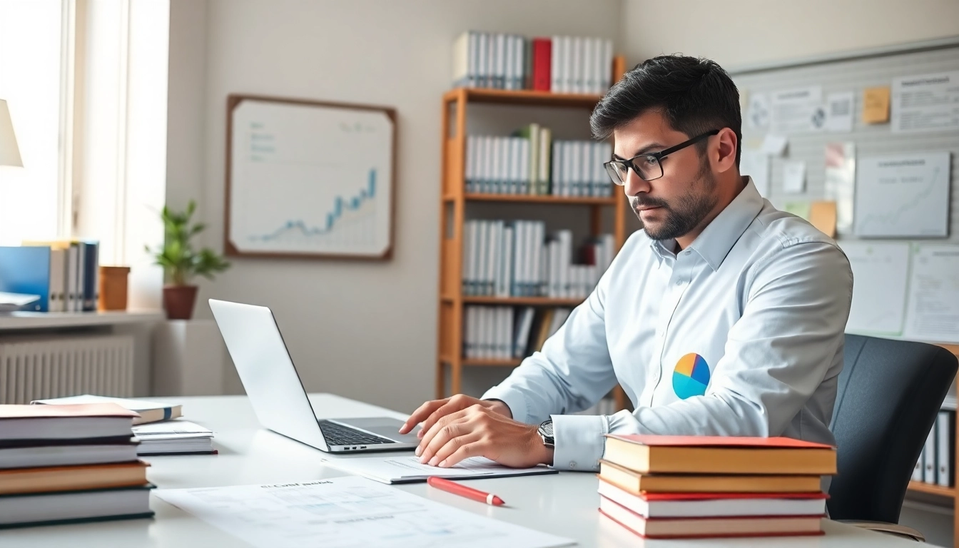 Consultant reviewing Federal and State contracts and grants with documents and charts in a professional setting.