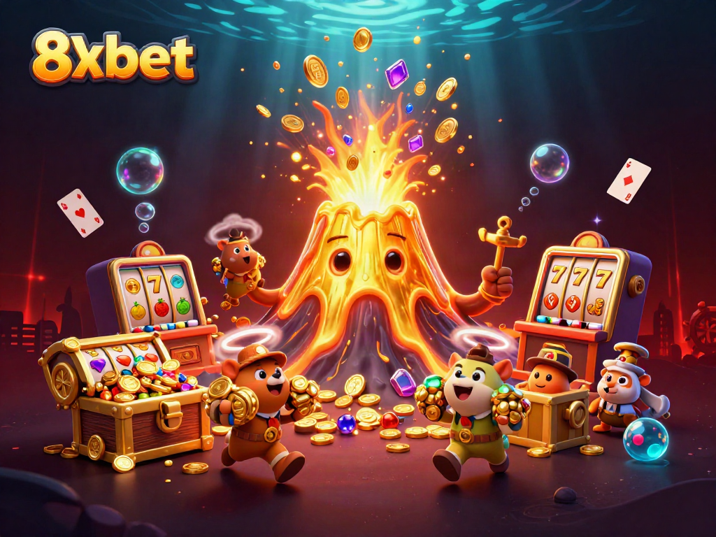 Experience thrilling gameplay with 8xbet's vibrant casino adventure featuring a golden volcano and treasure.