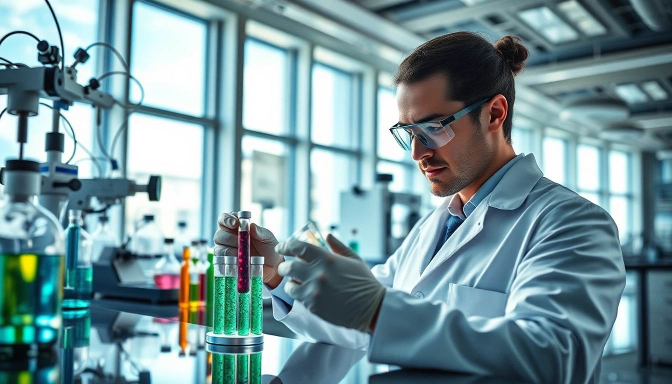 Showcasing Peptides UK in a laboratory, a scientist analyzes vibrant peptide samples.