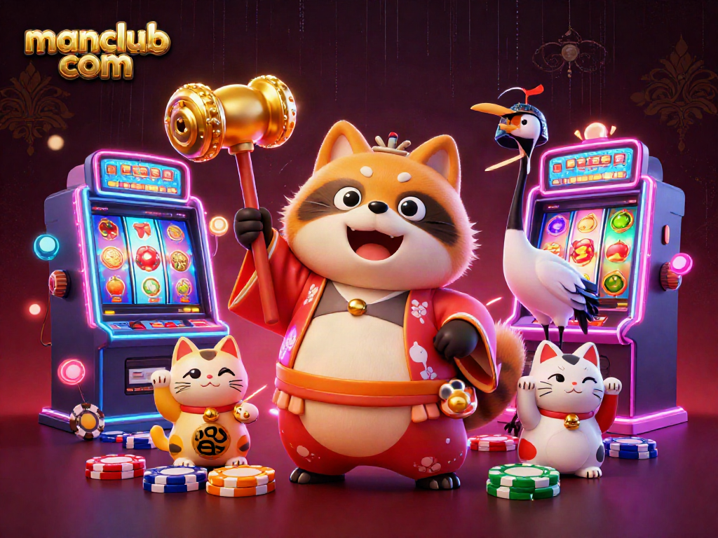 Engage with exciting slots at manclub com featuring a vibrant scene with a cheerful tanuki and lucky symbols.