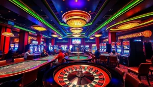 Players enjoying thrilling poker and roulette at http://2b8.network/ casino, featuring vibrant lights and dynamic action.