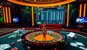 Experience thrilling bets at VT88 with a vibrant casino scene of poker chips and roulette.