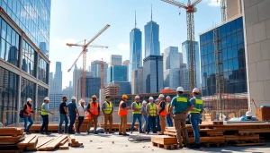 New York General Contractor collaborating on a vibrant construction site with city skyline.