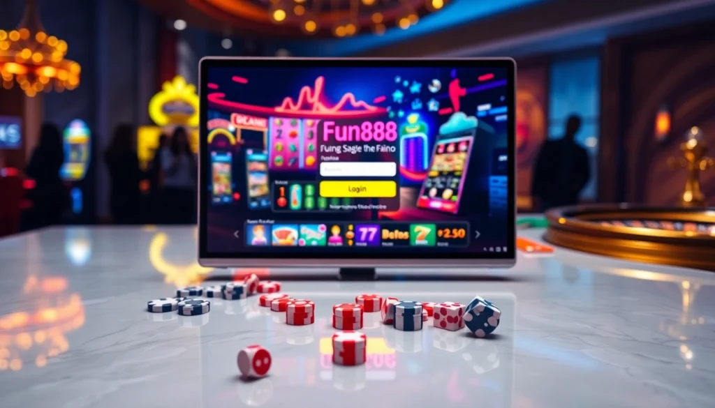 Exciting scene of Fun88 đăng nhập with vibrant casino elements like poker chips and slot machines.