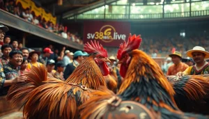 Exciting live cockfighting scene at sv368win.live with enthusiastic spectators and vibrant atmosphere.