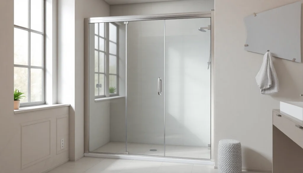Showcasing a elegant shower screen door in a modern bathroom setting with natural light.