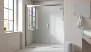 Showcasing a elegant shower screen door in a modern bathroom setting with natural light.